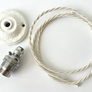 Patterned Floral Ceramic Ceiling Rose, Electric Cable & Chrome Bulb Holder Pendant Light Set: Various Options