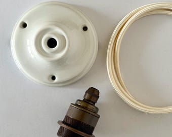10cm Ceramic Ceiling Rose, Electric Cable & E27 Bulb Holder Pendant Light Set: Various Options B
