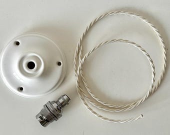 10cm Ceramic Ceiling Rose, Electric Cable, Chrome B22 Bulb Holder Pendant Light Set: Various Options