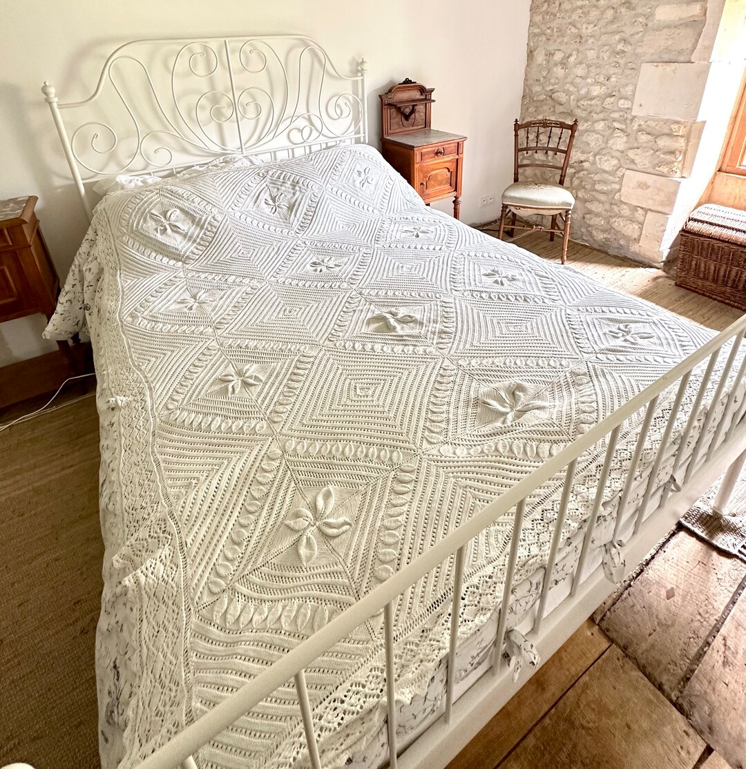 Vintage French Crochet Lace Bedspread 200cm X 155cm Etsy