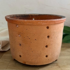 May include: A terracotta plant pot, cylindrical in shape, with drainage holes. The pot has a wide rim and a textured surface. Ideal for planting and gardening, it is made of terracotta.