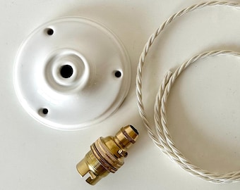 Ceramic Ceiling Rose, Electric Cable, Brass B22 Bulb Holder Pendant Light Set: Various Options