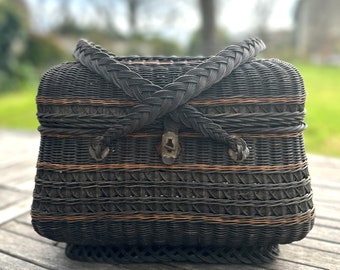 Antique French Black Wicker Shopping Basket