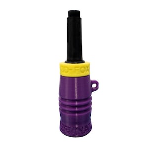 May include: A purple and yellow hunting call with a black mouthpiece. The call has a cylindrical body with a small handle and the text "TERMINATOR" at the base. The yellow section has the text "3D-FOX".
