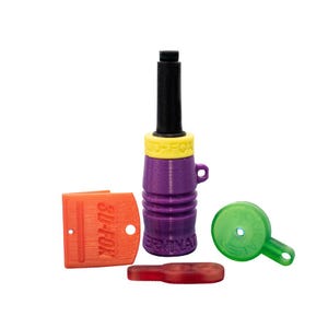 May include: A collection of hunting calls in various colors. The main call is purple with a black top and yellow accents, and the text "3D-FOX". Other pieces include an orange piece with "3D-FOX" and a green whistle.