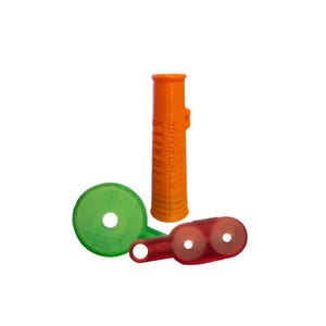 May include: Three 3D-printed hunting calls in orange, red, and green. The orange call is cylindrical with the text "3DFOXCALLS & TINGLER" printed vertically. The green call is circular with a hole in the center and the text "ALERT". The red call has two holes.