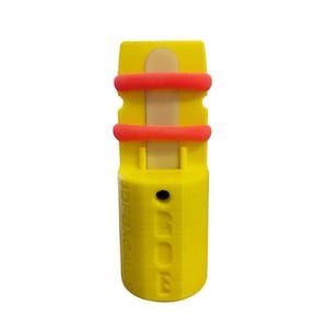May include: A yellow 3D-printed tool with a rectangular shape, featuring two red bands and a central beige section. The tool has a small black circular detail and the text "3DFOXCALLS" printed on the side.