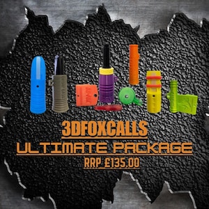 May include: A collection of colorful hunting calls, including blue, green, yellow, orange, and purple designs. The image features the text "3DFOXCALLS ULTIMATE PACKAGE". The calls are arranged against a textured, dark gray background.