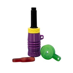 May include: A purple and black hunting call with a yellow band and the text "3D-FOX". Includes a green and red whistle. The call has the text "TERMINATOR" printed on it.