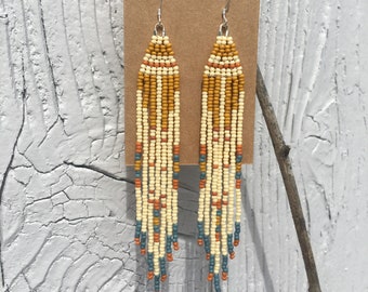 Ivory Handmade Beaded Fringe Dangly Earrings/Women's gifts/boho earrings/seed bead earrings/handmade earrings/southwestern/ivory and mustard