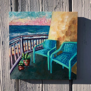 Oceanfront Balcony Original Painting/whimsical Painting/Original Artwork/coastal painting/contemporary art/impressionist paint/art on wood