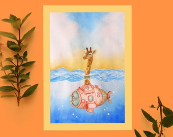 Giraffe submarine kids card, watercolor handmade, birthday card, animal lover, happy card 148x105 mm (5.8x4.1 inch)