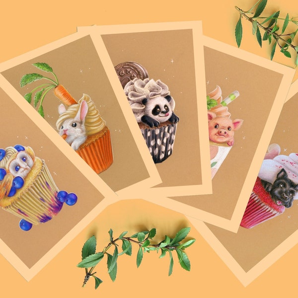 Cupcake dieren kaarten / verjaardagskaarten / uil / panda / varken / konijn / hond / schattig dier kaarten 148x105 mm (5,8x4,1 pulgadas)
