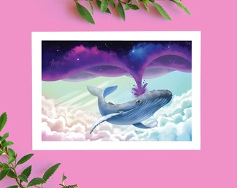 Whale space birthday card, animal greeting card, cosmos, space, handmade, digital illustration, 148x105 mm (5.8x4.1 inches)