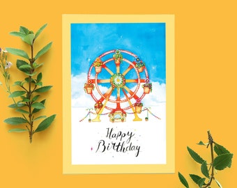 Blumen-Riesenrad-Geburtstagskarte, Aquarell handgefertigt, Blumenkarte, Handbeschriftung, Glückskarte 148 x 105 mm (5,8 x 4,1 Zoll)