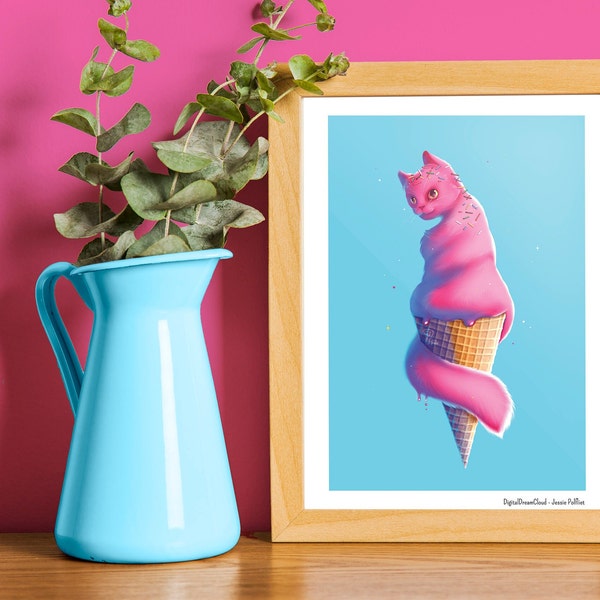 Cat ice cream wall print, summer print, cat lover, ice cream lover, snacks, cat card, pink cat, blue art print14.8x21 cm (8.2x5.8 in)