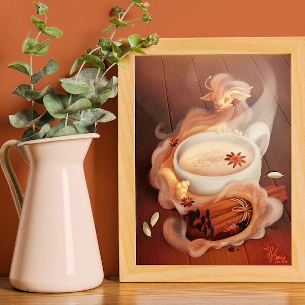 chai tea dragon cottagecore fantasy wall art print home decor | dnd art print | dragon gift | tea gift | 21x14.8cm (8.2x5.8in)