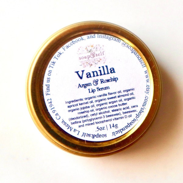 Vanilla Argan and Rosehip Oil Lip Serum | All Natural | Made with Organic Cocoa Butter, Organic Beeswax, and Organic Oils