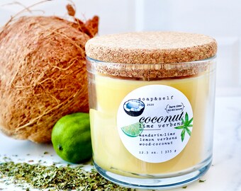 12.5 oz. Coconut lime verbena scented pure beeswax candle in glass jar with cork lid | Includes gift wrap and plantable seed paper hang tag