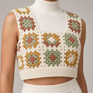Virkmönster för Boho-mormors fyrkantiga väst, retro patchwork-topp (PDF-nedladdning)