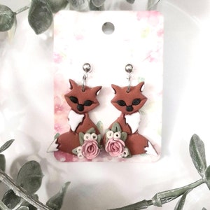 Floral Fox Dangle Earrings, Polymer Clay Cottagecore Style Jewelry, Autumn Earrings, Woodland Animal Clay Earrings, Birthday Gift For Sister