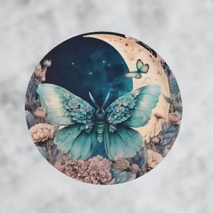 May include: A blue butterfly with floral wings sits on a crescent moon against a dark blue starry night sky. The butterfly is surrounded by flowers and greenery.