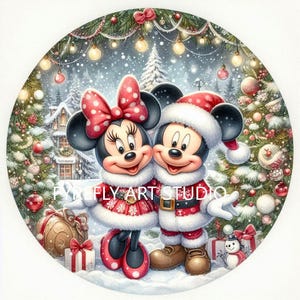 May include: Mickey Mouse and Minnie Mouse in red and white Christmas outfits stand in front of a snowy winter scene with Christmas trees and lights.  They are smiling and holding hands.