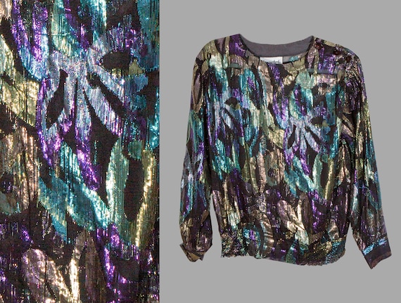 80s Metallic Lame Blouse Gold Purple Teal Shiny to
