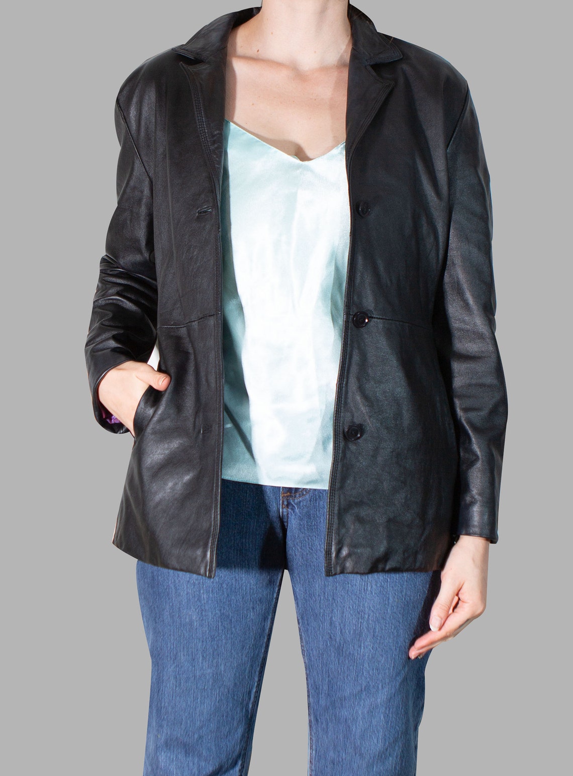 Longline Leather Jacket Vintage Black Trench black blazer | Etsy