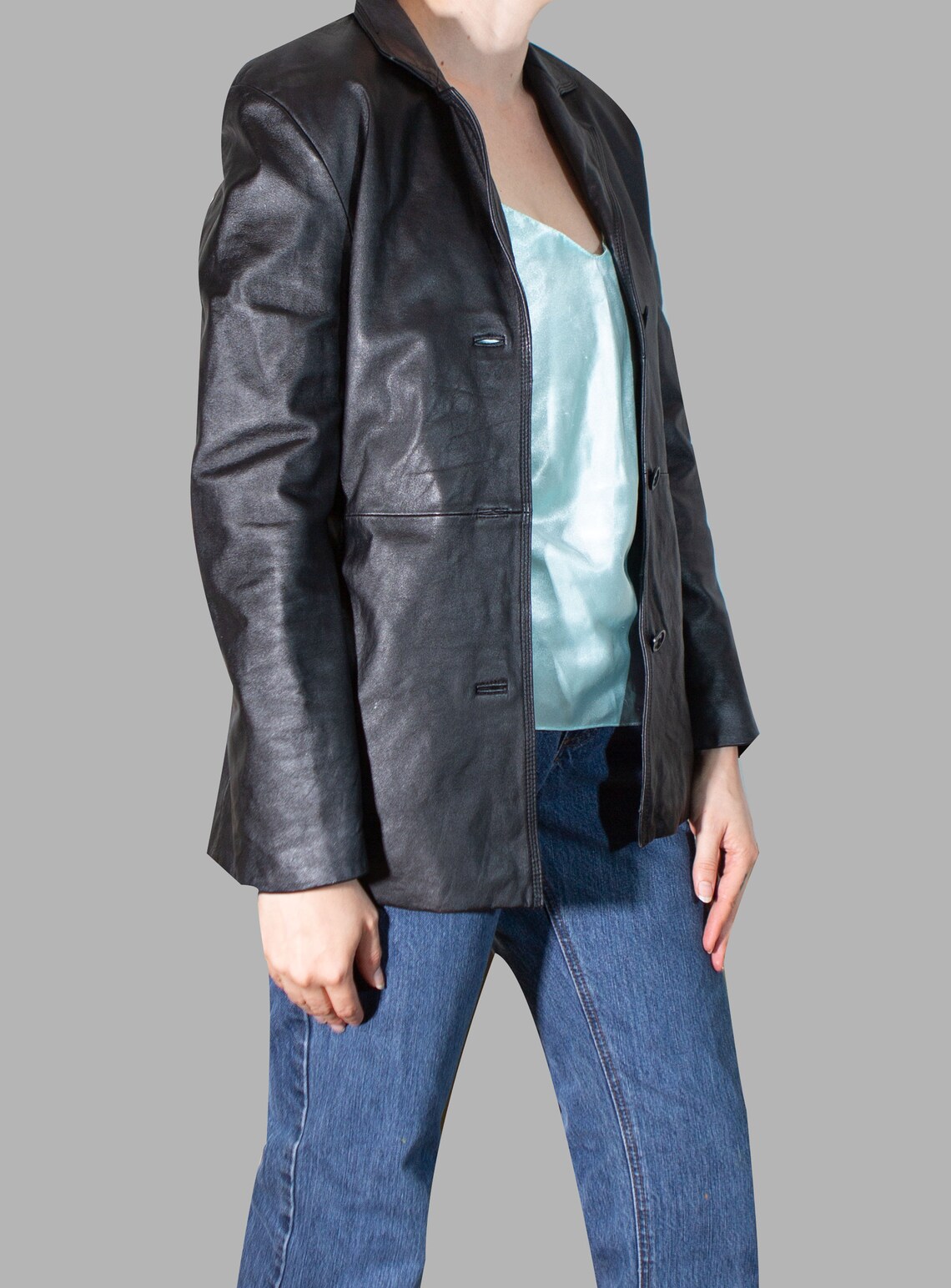 Longline Leather Jacket Vintage Black Trench black blazer | Etsy