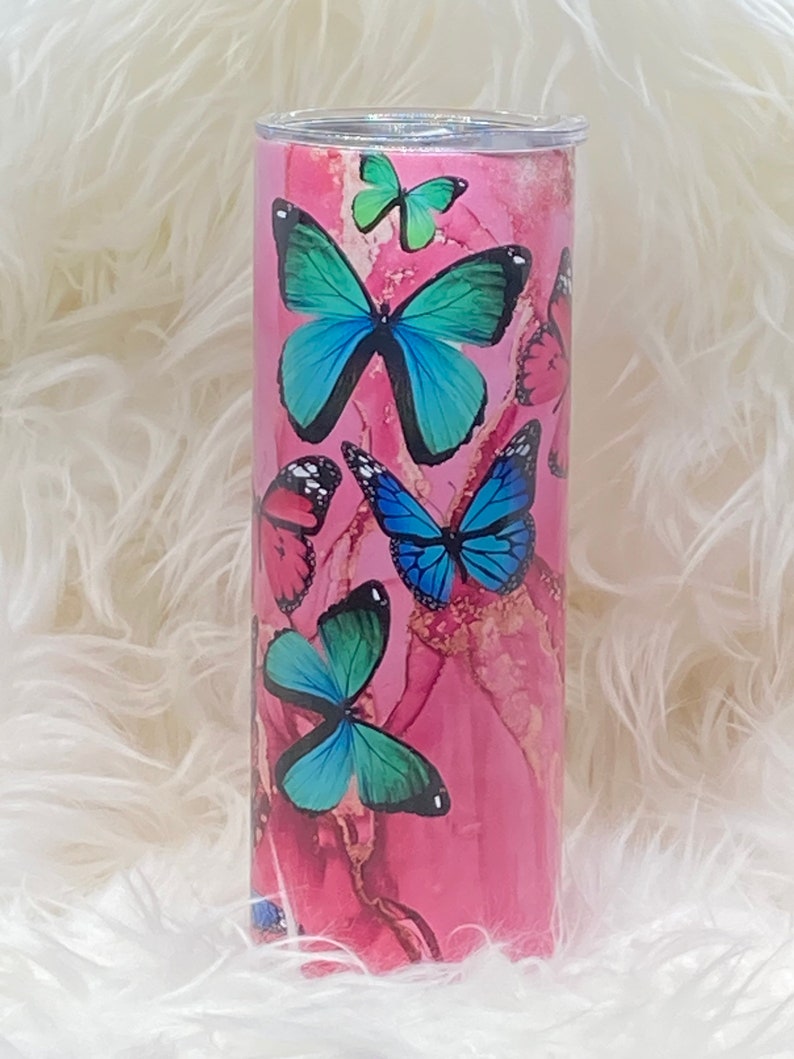 Custom Butterfly Tumbler Pink Butterfly Tumbler 20oz Skinny Etsy