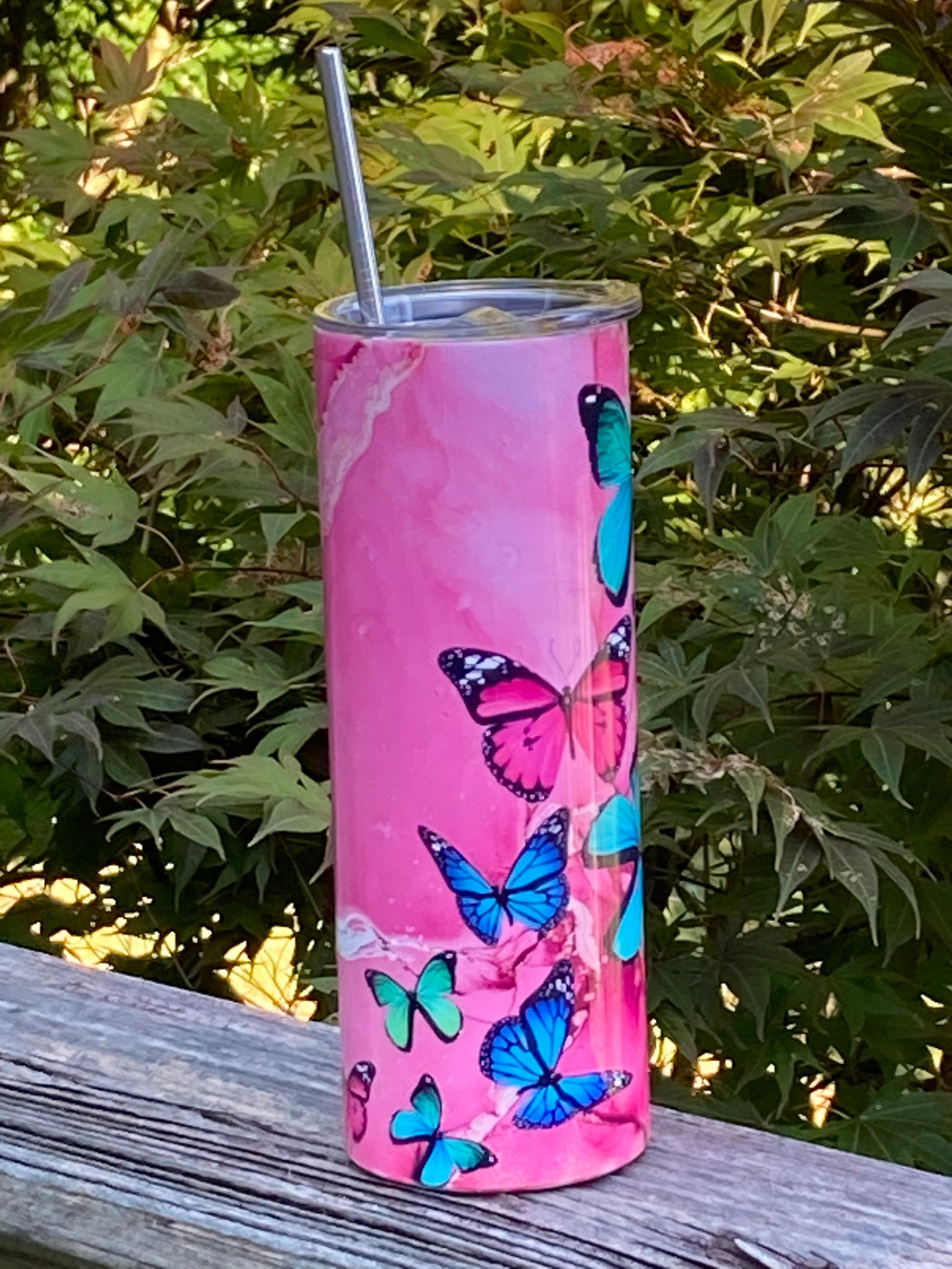 Custom Butterfly Tumbler Pink Butterfly Tumbler 20oz Skinny Etsy