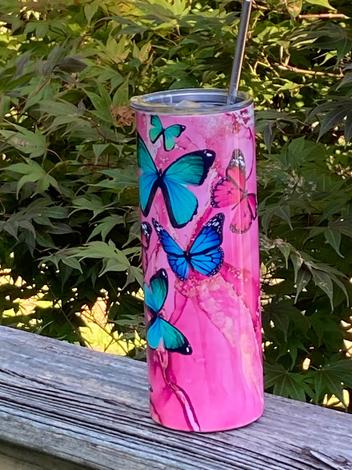 Custom butterfly tumbler pink butterfly tumbler 20oz skinny Etsy
