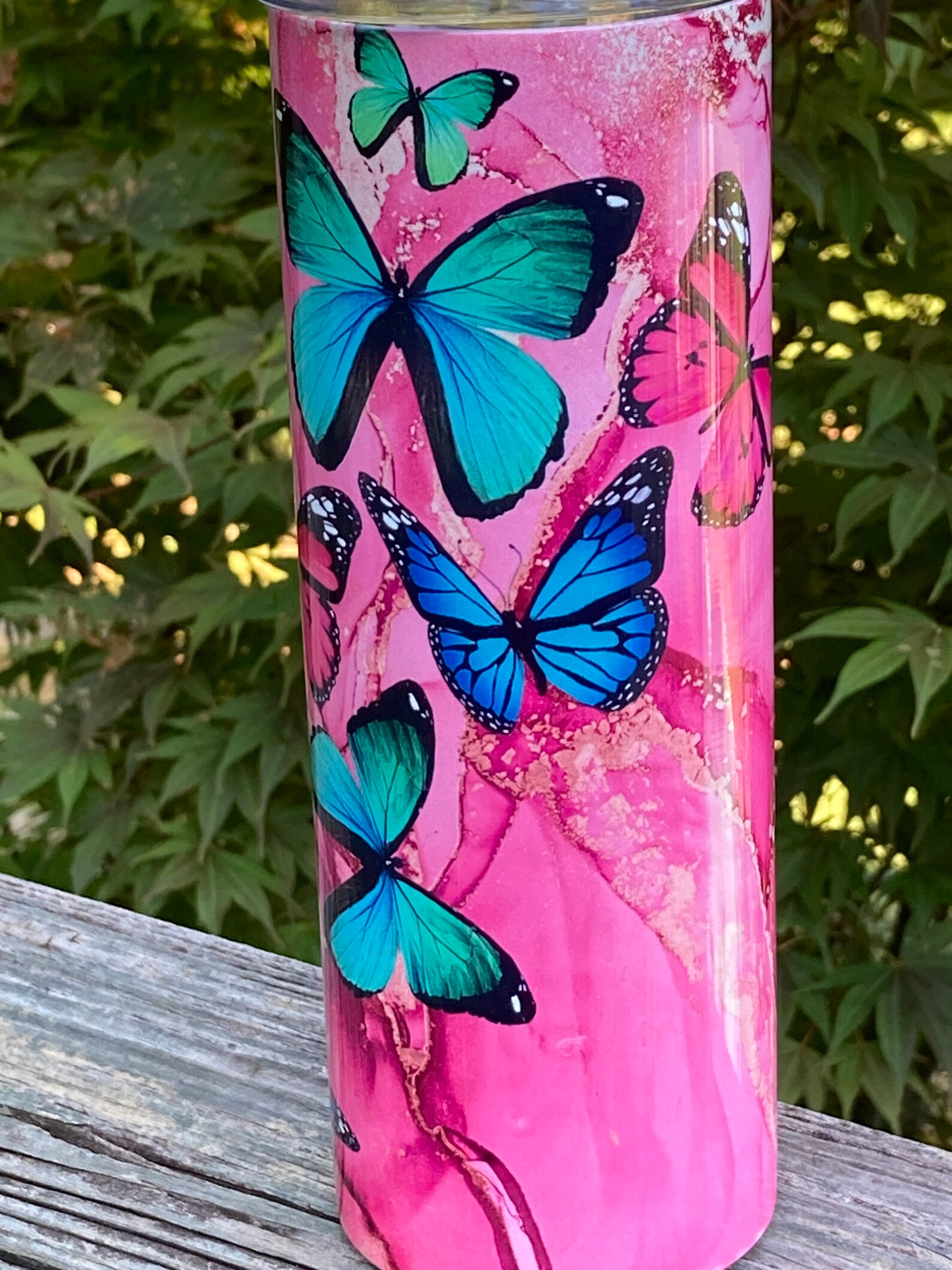 Custom Butterfly Tumbler Pink Butterfly Tumbler 20oz Skinny Etsy