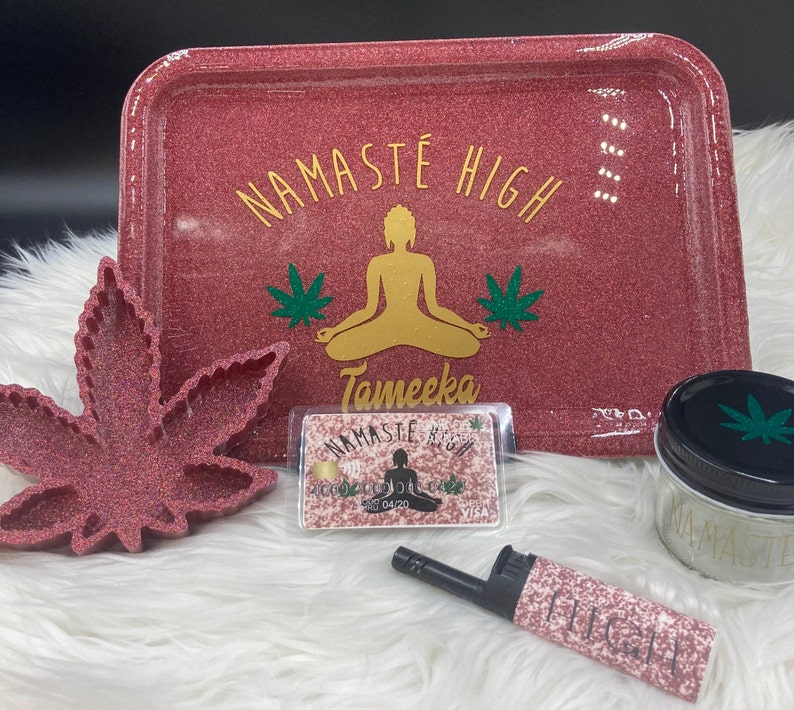 namaste high girly rolling tray, rolling tray set, rolling tray set for girls, glitter rolling tray, smoke accessories 