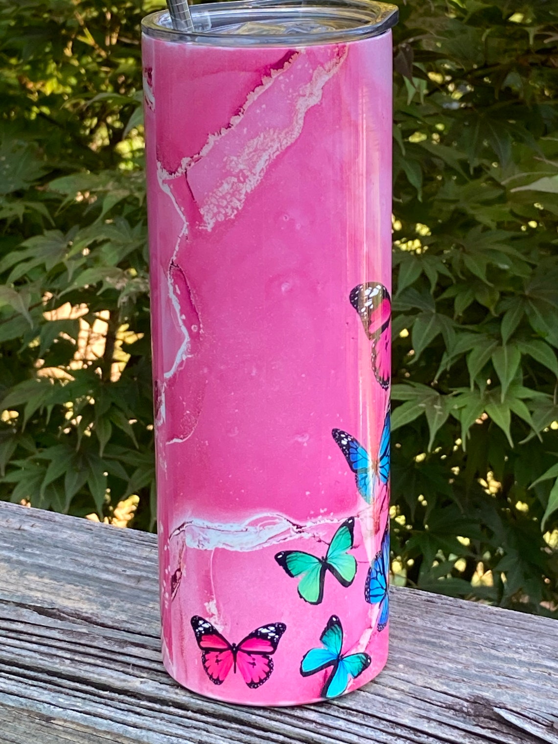 Custom butterfly tumbler pink butterfly tumbler 20oz skinny Etsy