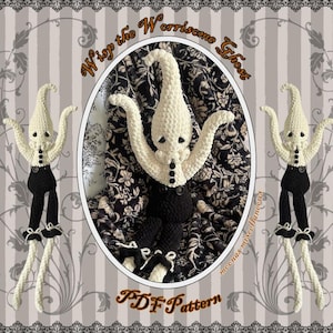 May include: A crochet PDF pattern featuring a whimsical ghost design. The ghost is primarily cream-colored with black accents, including a button-down shirt and pants. The text "Wisp the Worrisome Ghost" is displayed above the central image.