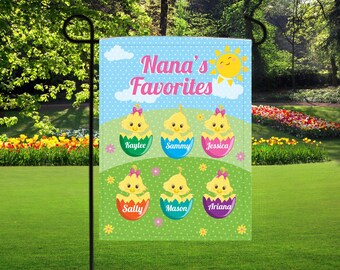 Personalized baby chic garden flags, Ester lawn art, grandkids names on flags, nana's favorites garden flag,