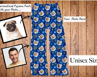 HANUKKAH PJ Photo Pajama Pants, Holiday Face Pants, Pet, Human Face Pants, Personalized Xmas Gift, Custom Face Print Pajamas