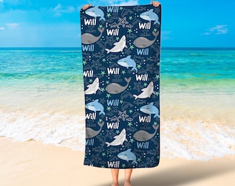 Toalla de tiburón para niños / Toalla de playa debajo del mar / Toalla de playa personalizada para niños / Toallas de playa para niños / Toallas de baño para tiburones / Toalla de playa para ballenas / Envío gratis