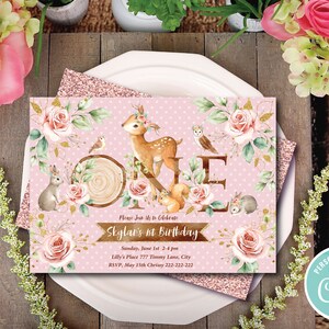 Deer Birthday Invitation/ Woodland Party Invite/ Pink Floral/ Forest Animal Woodland/ 1st Girl Bday/Woodland Animals Invite/Editable