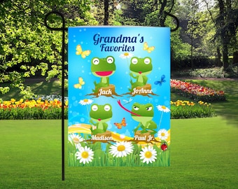 Personalized frog garden flags, Funny frogs lawn art, grandkids names on flags, nana's favorites garden flag,