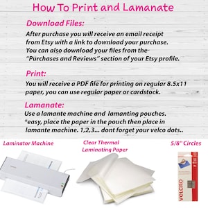 K&ouml;nnte beinhalten: Anleitung zum Drucken und Laminieren einer PDF-Datei. Das Bild zeigt eine Laminiermaschine, transparentes thermisches Laminierpapier und 5/8 Zoll Velcro-Kreise.