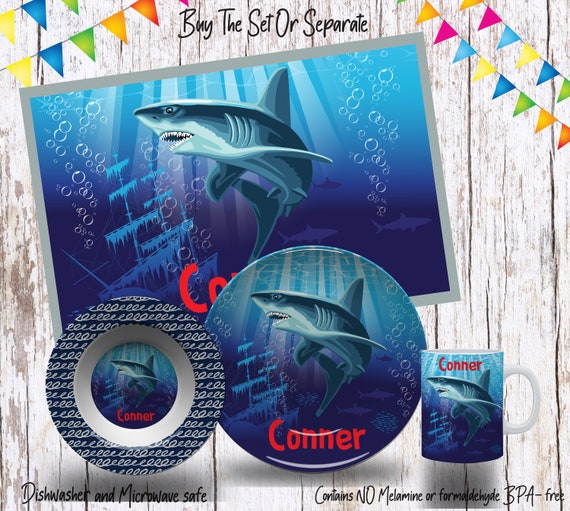 Shark Children's Plates, Personalized Plate, Bowl, Mug & Placemat, Under The Sea Custom Kid's Tableware/ Microwave Safe/ BPA Free, Il_570xn