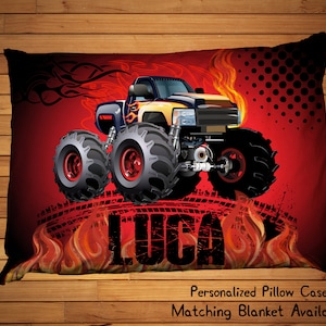 Taie d’oreiller Monster Truck, taie d’oreiller de camion, garçons cadeaux personnalisés, taie d’oreiller de nom personnalisé, taies d’oreiller standard 20x30