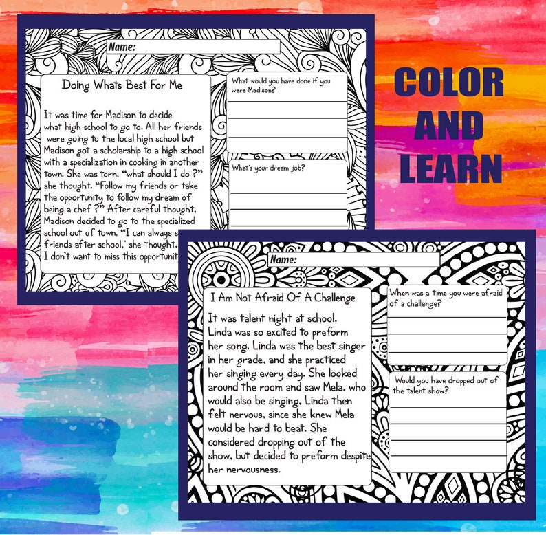 May include: Black and white printable worksheet with a coloring page and a writing prompt. The worksheet features a story about a girl named Madison who is trying to decide which high school to attend. The worksheet also features a story about a girl named Linda who is nervous about performing in a talent show. The worksheet includes the text "Color and Learn".