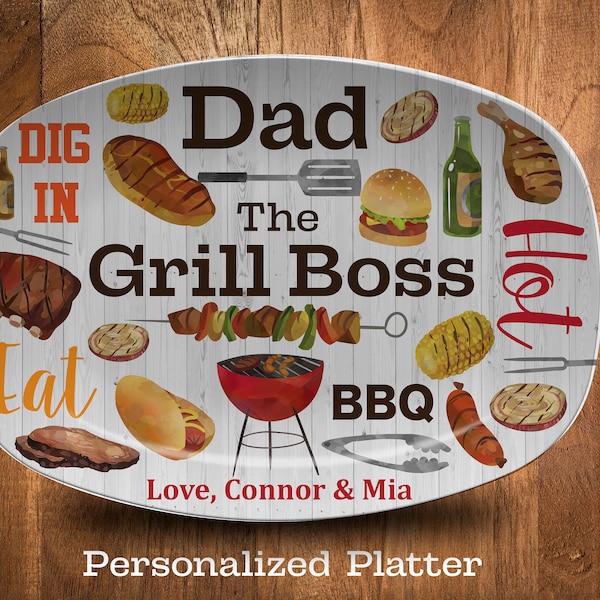 Dad The Grill Boss Platter, Fathers Day Gifts, BBQ Gifts, Serving Platter for Men, Custom Platter, Personalized Mens Gifts, Gifts For Dads