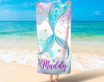 Gepersonaliseerde zeemeermin staart handdoek / Kids strandlaken / Meisjes strandlakens / Meisjes zeemeermin staart badhanddoeken / Magische zeemeermin meisjes handdoeken