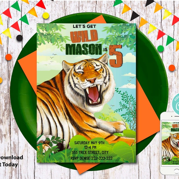 Tiger Safari Invitation Birthday/Jungle Party Invite/ Wild Tiger Jungle Theme/Digital Printable Download Template/Safari Zoo Invite Template