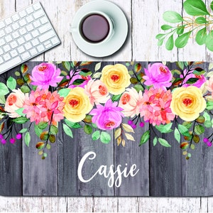 Personalized Desk Mat, Custom Desk Pad, Personalized Desk Cushion Pad, Monogrammed Desk Blotter Mat, Large Mouse Pad, Black Wood Floral